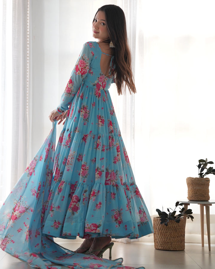 GEORGETTE FLORAL PRINT FABRIC SKY BLUE ANARKALI