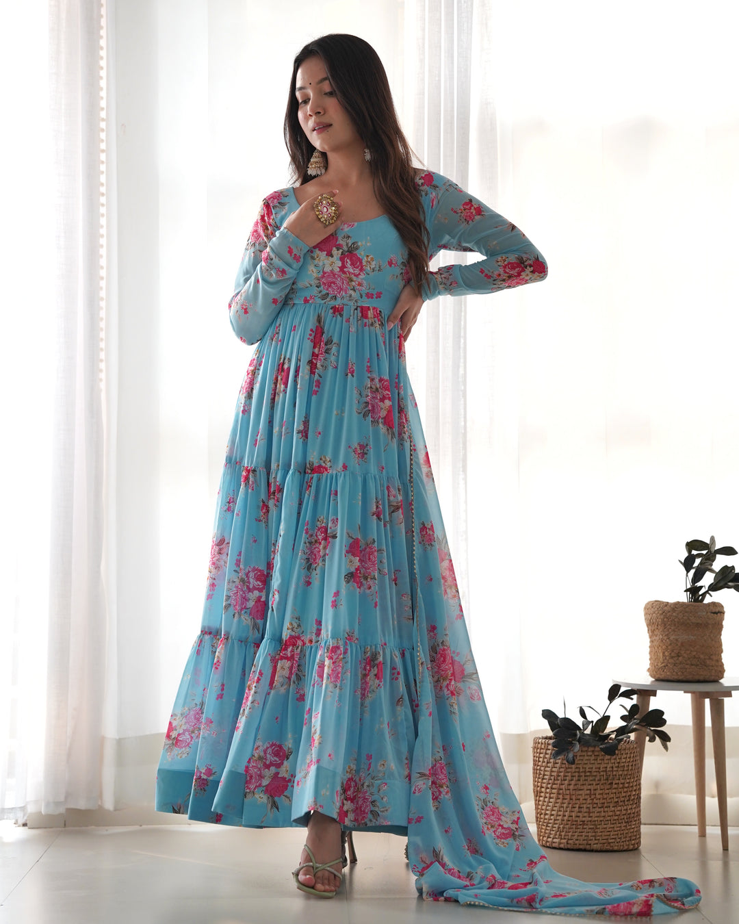 GEORGETTE FLORAL PRINT FABRIC SKY BLUE ANARKALI