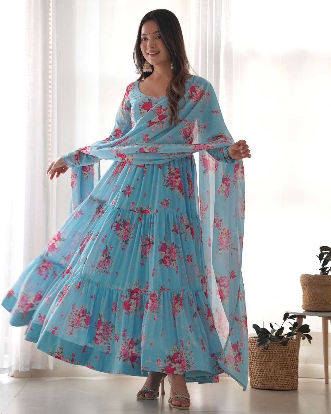 GEORGETTE FLORAL PRINT FABRIC SKY BLUE ANARKALI