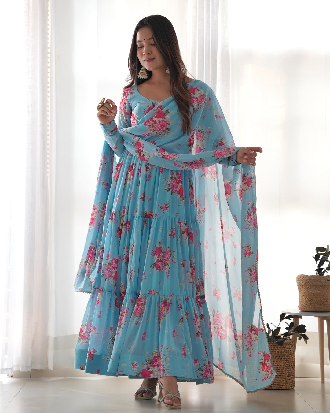 GEORGETTE FLORAL PRINT FABRIC SKY BLUE ANARKALI