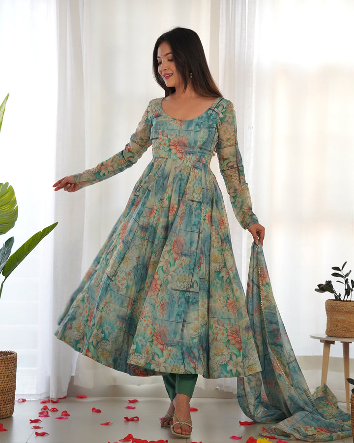 ORGANJA SILK PRINT WITH BOADER GOTA PATTI LACE WORK ANARKALI SUIT