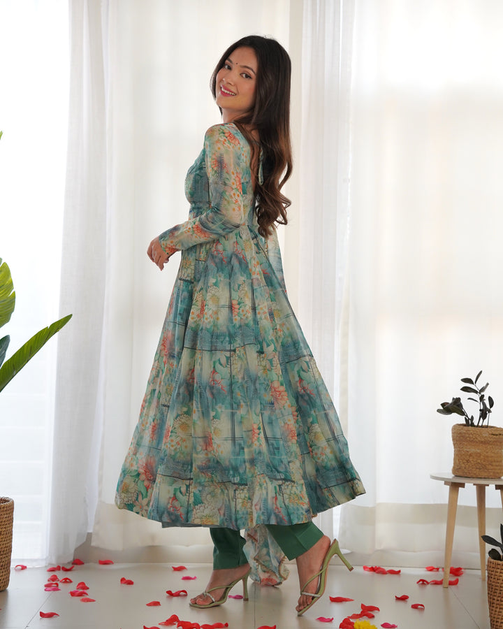 ORGANJA SILK PRINT WITH BOADER GOTA PATTI LACE WORK ANARKALI SUIT