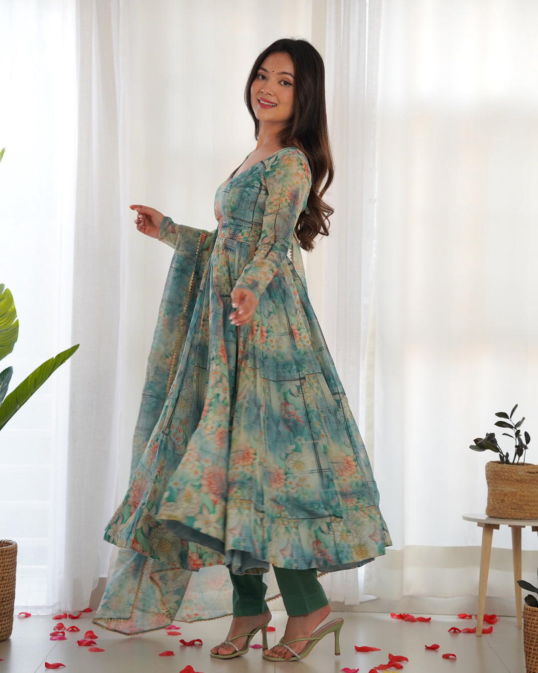 ORGANJA SILK PRINT WITH BOADER GOTA PATTI LACE WORK ANARKALI SUIT