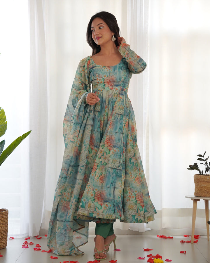 ORGANJA SILK PRINT WITH BOADER GOTA PATTI LACE WORK ANARKALI SUIT