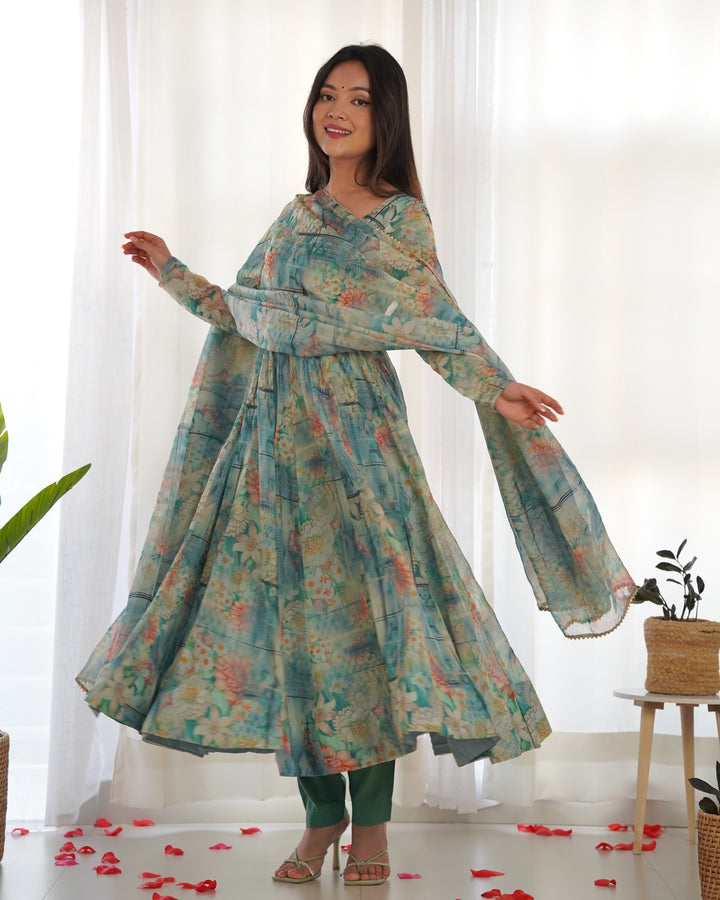 ORGANJA SILK PRINT WITH BOADER GOTA PATTI LACE WORK ANARKALI SUIT