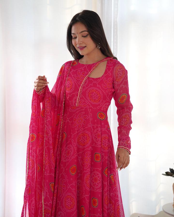 PINK CHIFFON BANDHEJ FULLY FLAIR GOWN SUIT