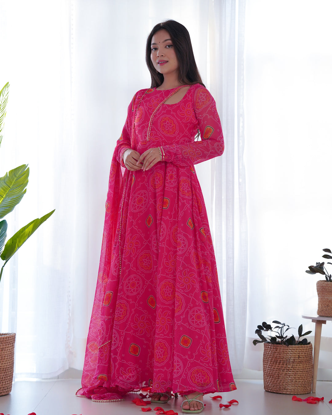 PINK CHIFFON BANDHEJ FULLY FLAIR GOWN SUIT