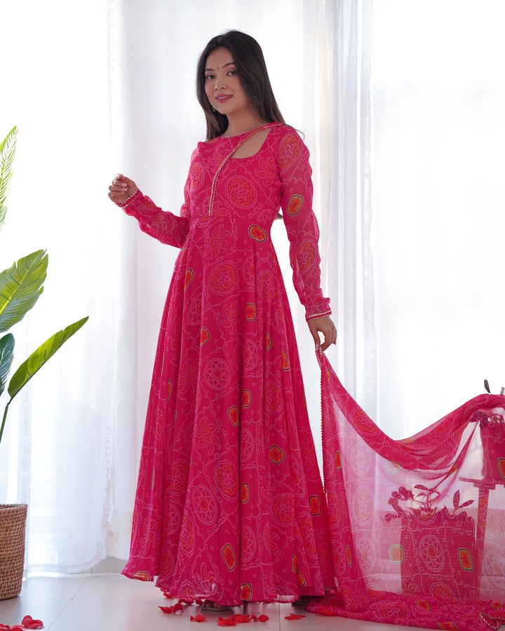 PINK CHIFFON BANDHEJ FULLY FLAIR GOWN SUIT