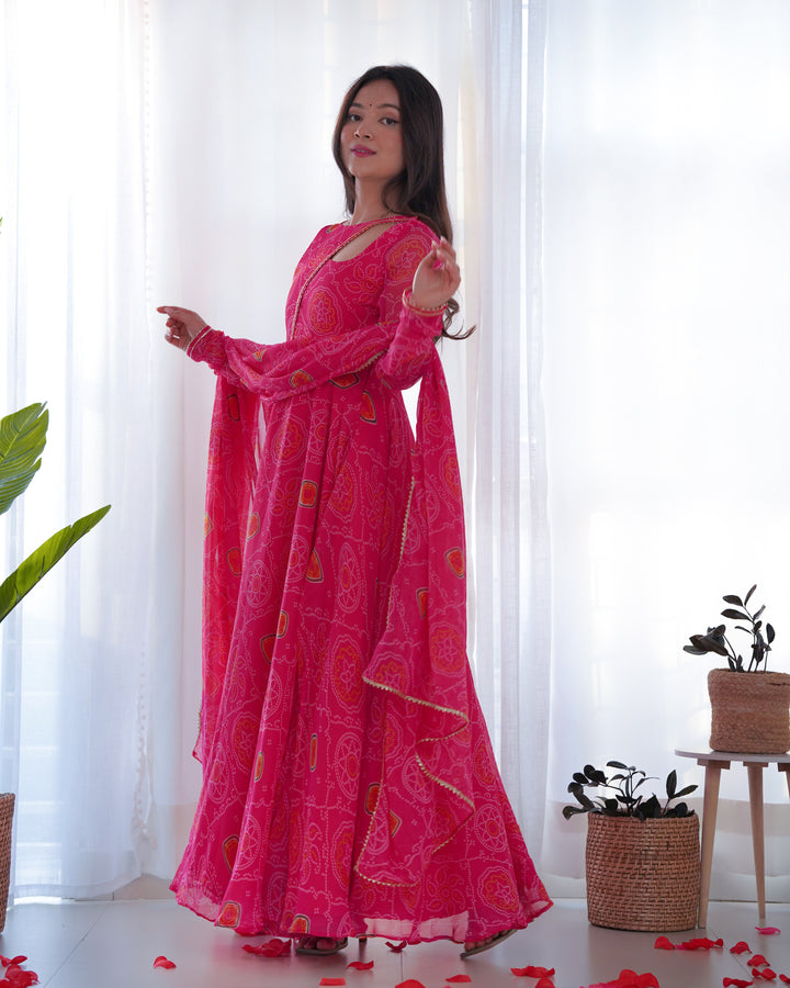 PINK CHIFFON BANDHEJ FULLY FLAIR GOWN SUIT