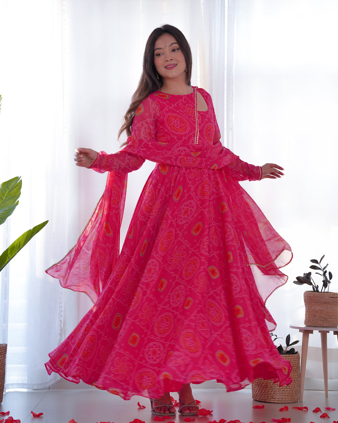 PINK CHIFFON BANDHEJ FULLY FLAIR GOWN SUIT