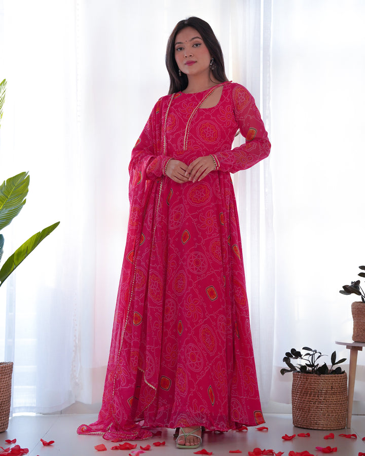 PINK CHIFFON BANDHEJ FULLY FLAIR GOWN SUIT