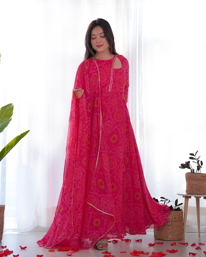 PINK CHIFFON BANDHEJ FULLY FLAIR GOWN SUIT