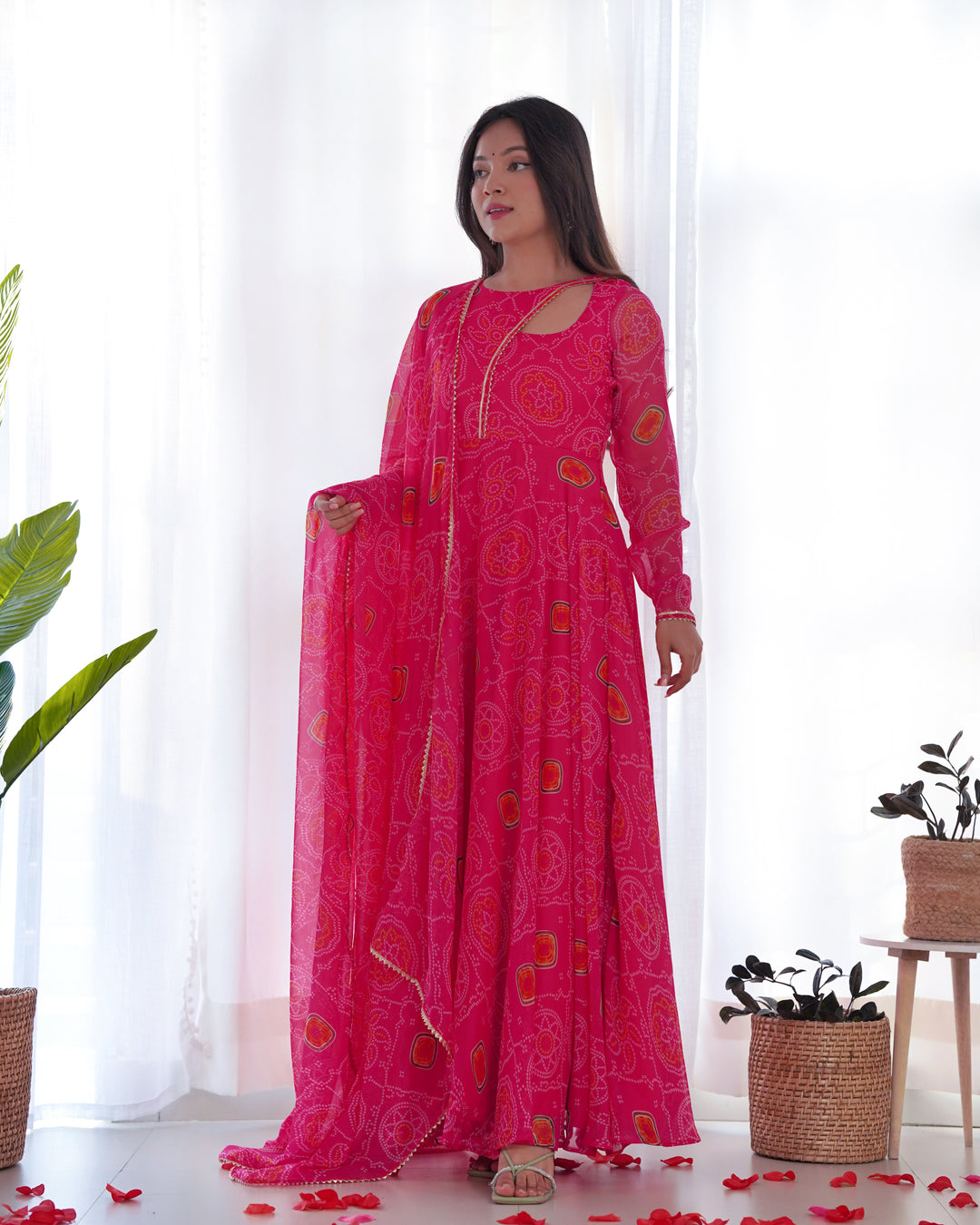 PINK CHIFFON BANDHEJ FULLY FLAIR GOWN SUIT