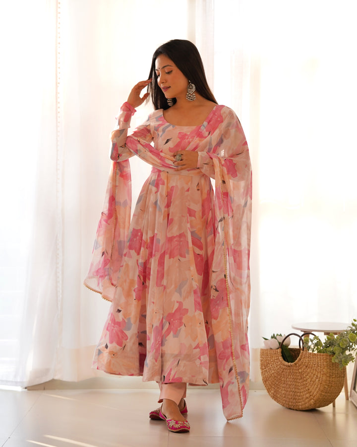 PINK GEORGETTE MULTI FLORAL ANARKALI SUIT