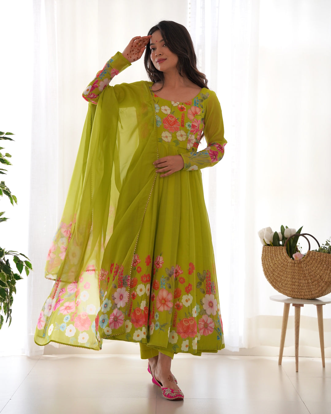 PRINTED ORGANJA ANARKALI SUIT SET WITH JARI WORK