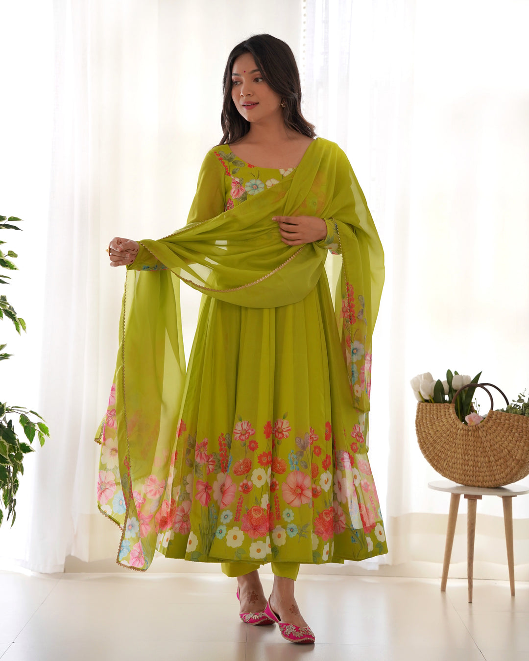 PRINTED ORGANJA ANARKALI SUIT SET WITH JARI WORK