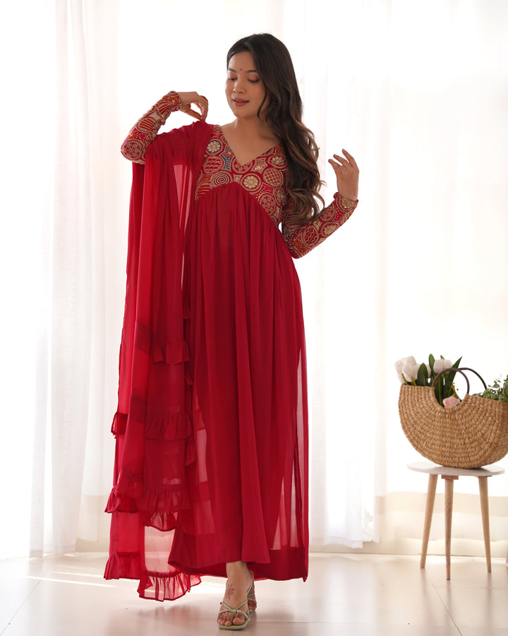 NAIRA CUT RED EMBROIDERY KURTA SET