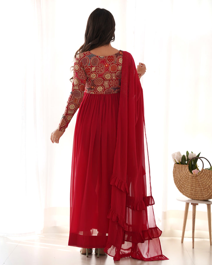 NAIRA CUT RED EMBROIDERY KURTA SET