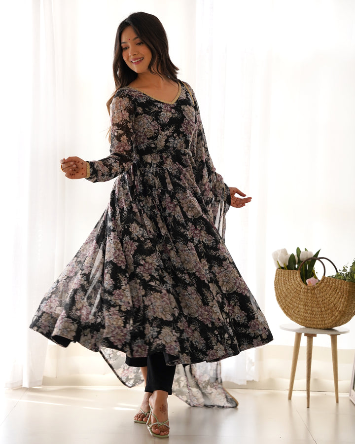 GEORGETTE MULTI FLORAL BLCK ANARKALI SUIT