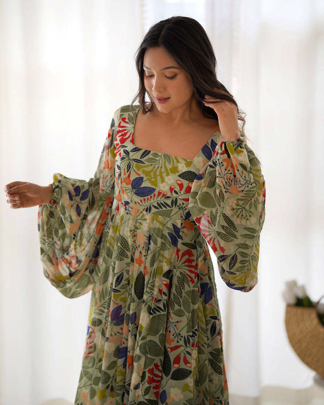 GEORGETTE FLORAL  PRINT FABRIC FULLY FLAIR MAXI,WITH BALLOON SLEEVS