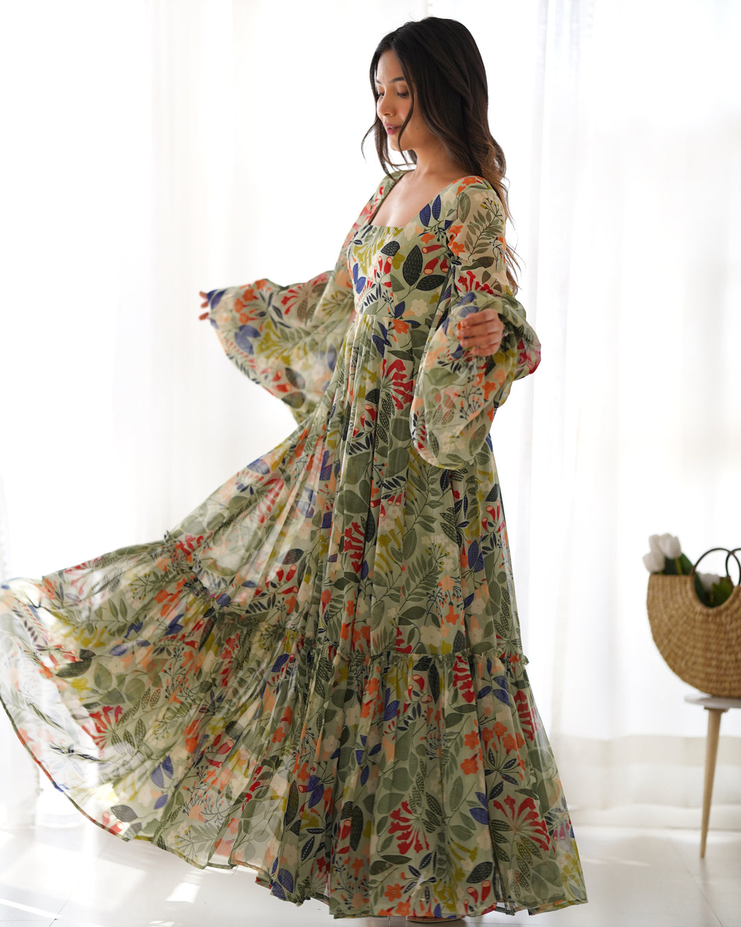 GEORGETTE FLORAL  PRINT FABRIC FULLY FLAIR MAXI,WITH BALLOON SLEEVS