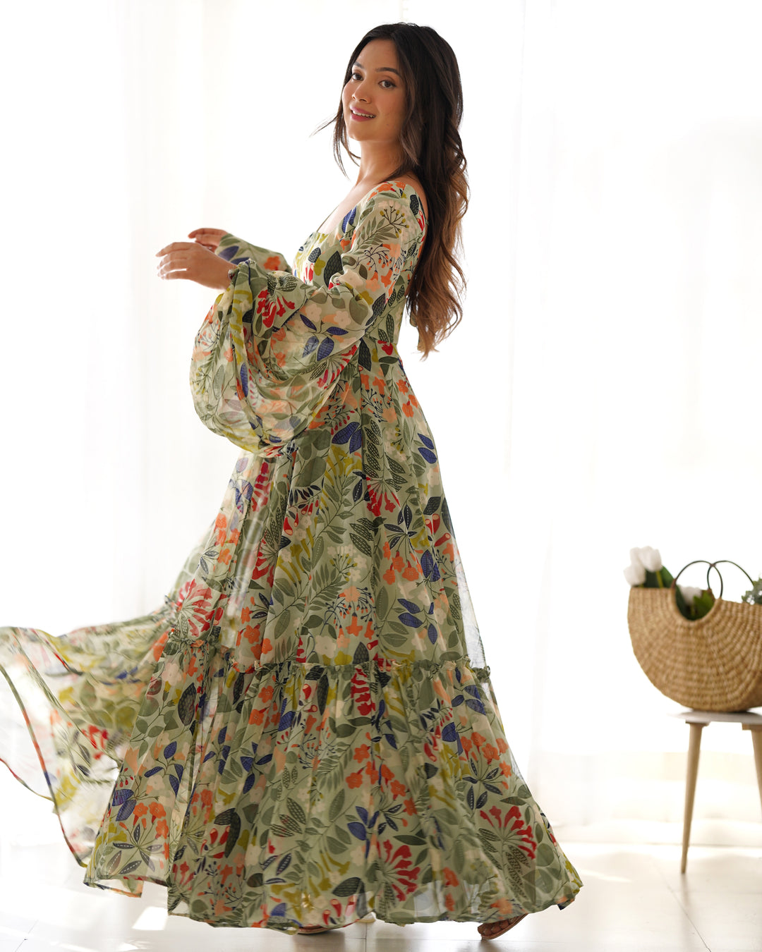 GEORGETTE FLORAL  PRINT FABRIC FULLY FLAIR MAXI,WITH BALLOON SLEEVS