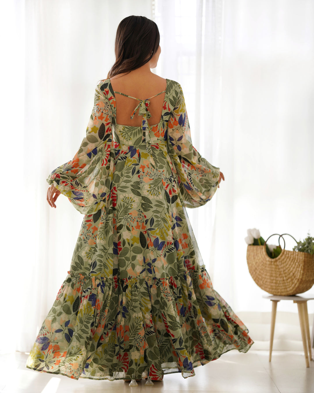 GEORGETTE FLORAL  PRINT FABRIC FULLY FLAIR MAXI,WITH BALLOON SLEEVS