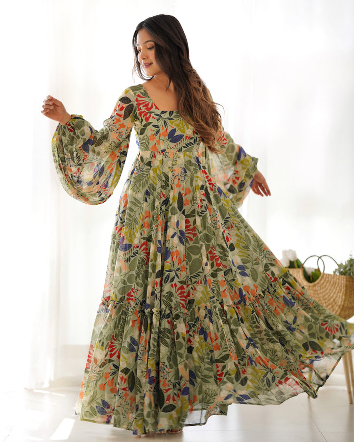 GEORGETTE FLORAL  PRINT FABRIC FULLY FLAIR MAXI,WITH BALLOON SLEEVS