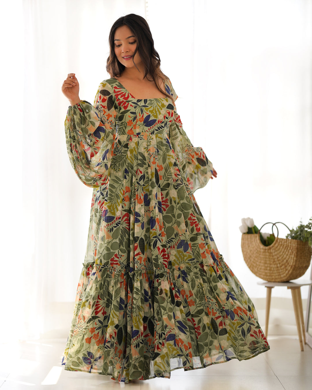 GEORGETTE FLORAL  PRINT FABRIC FULLY FLAIR MAXI,WITH BALLOON SLEEVS