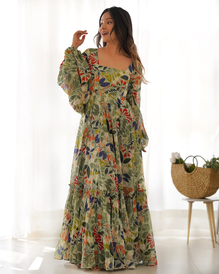 GEORGETTE FLORAL  PRINT FABRIC FULLY FLAIR MAXI,WITH BALLOON SLEEVS