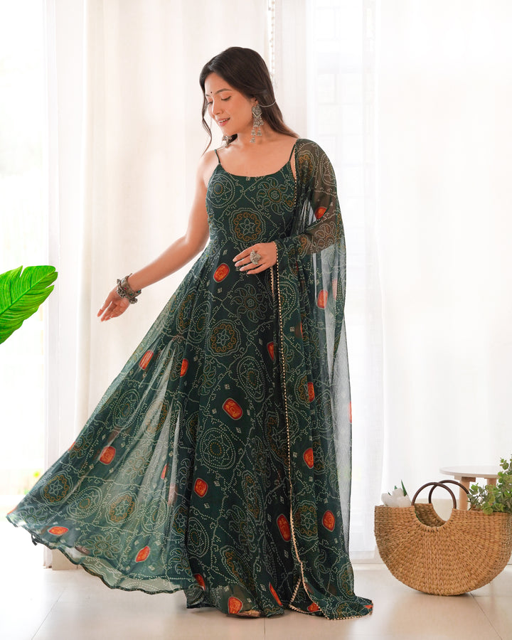 CHIFFON GREEN COLOUR BANDHEJ ANARKALI SUIT SET