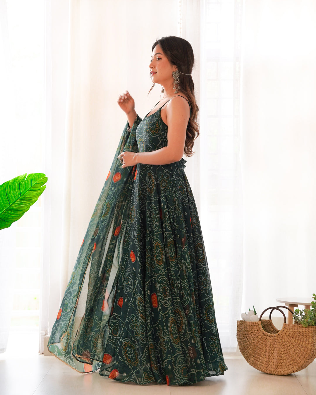 CHIFFON GREEN COLOUR BANDHEJ ANARKALI SUIT SET