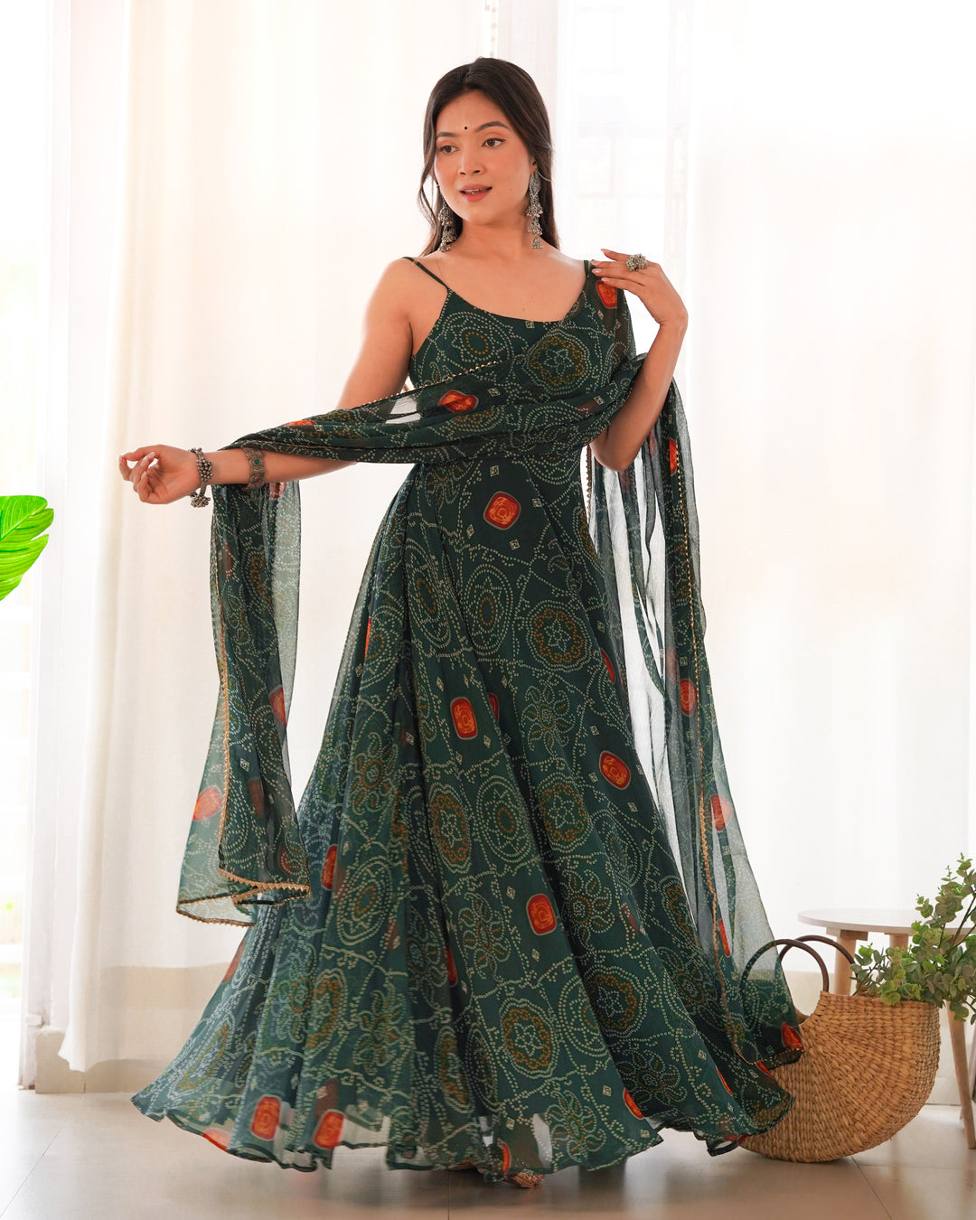 CHIFFON GREEN COLOUR BANDHEJ ANARKALI SUIT SET