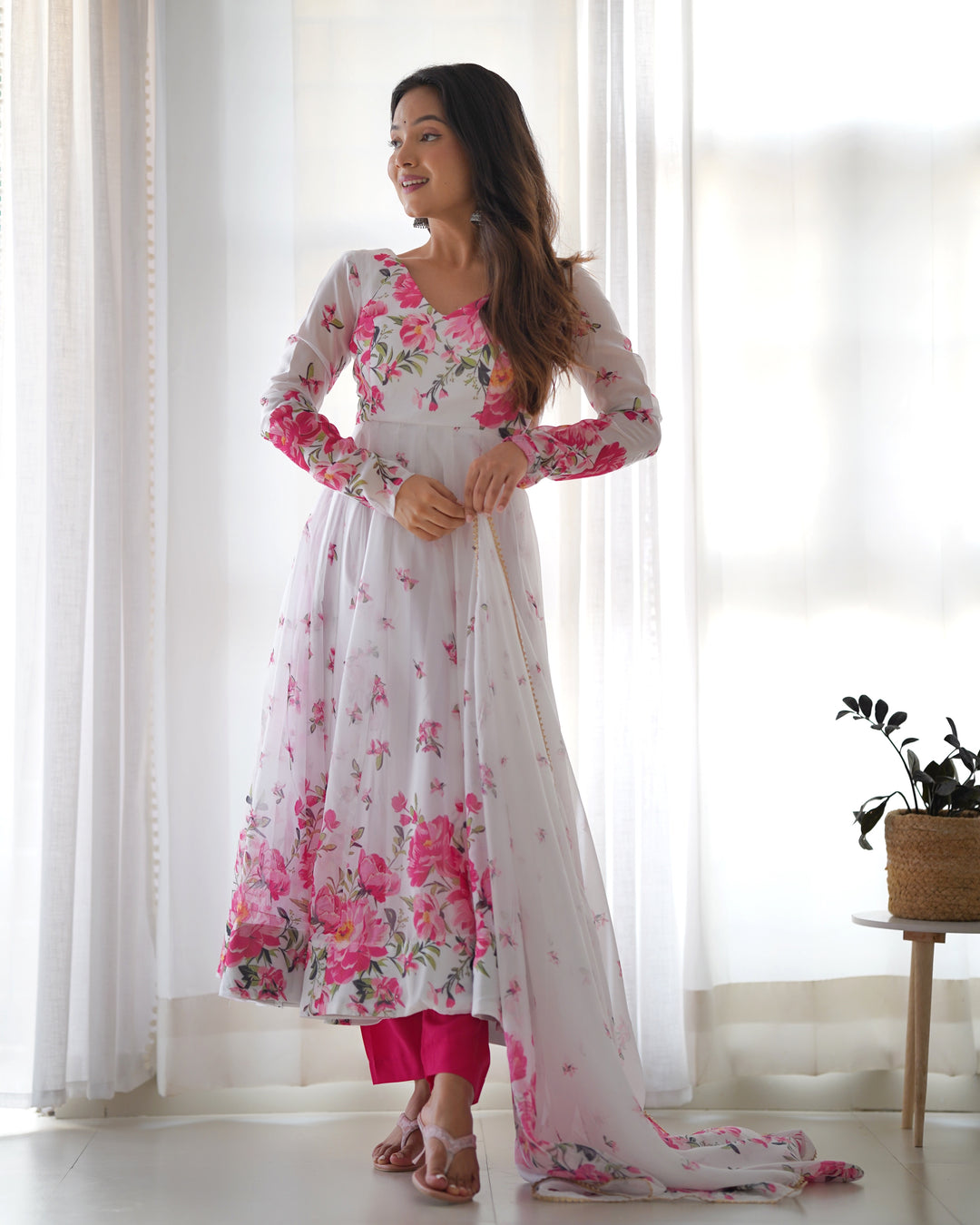 PRITTY WHITE SOFT ORGANJA SILK ANARKALI DRESS