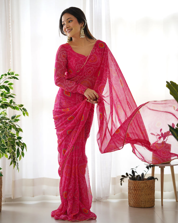 SOFT CHIFFON VERYLIGHT WEIGHT FABRIC,BOADER LACE WORK PREDRAPPED READY TO WEAR SAREE